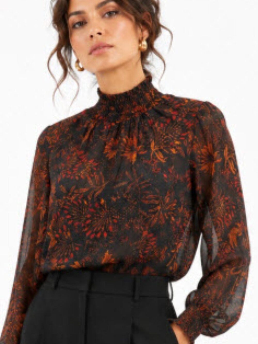 H&M Black & Orange Floral Long Sleeve Blouse Women’s Size 6 Boho Fall Top